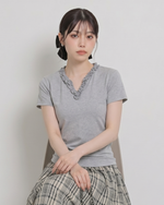 柔軟親膚 莫代爾花邊 V領灰色短袖
