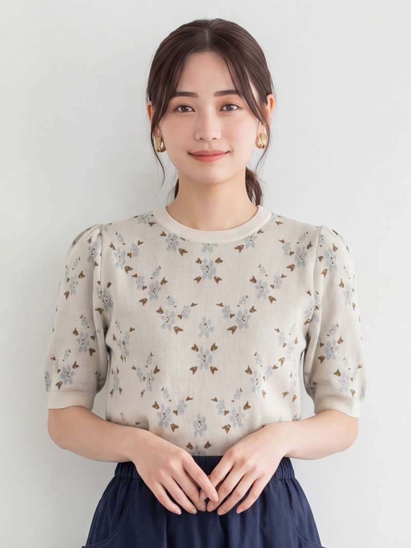 小碎花提花泡泡袖針織上衣