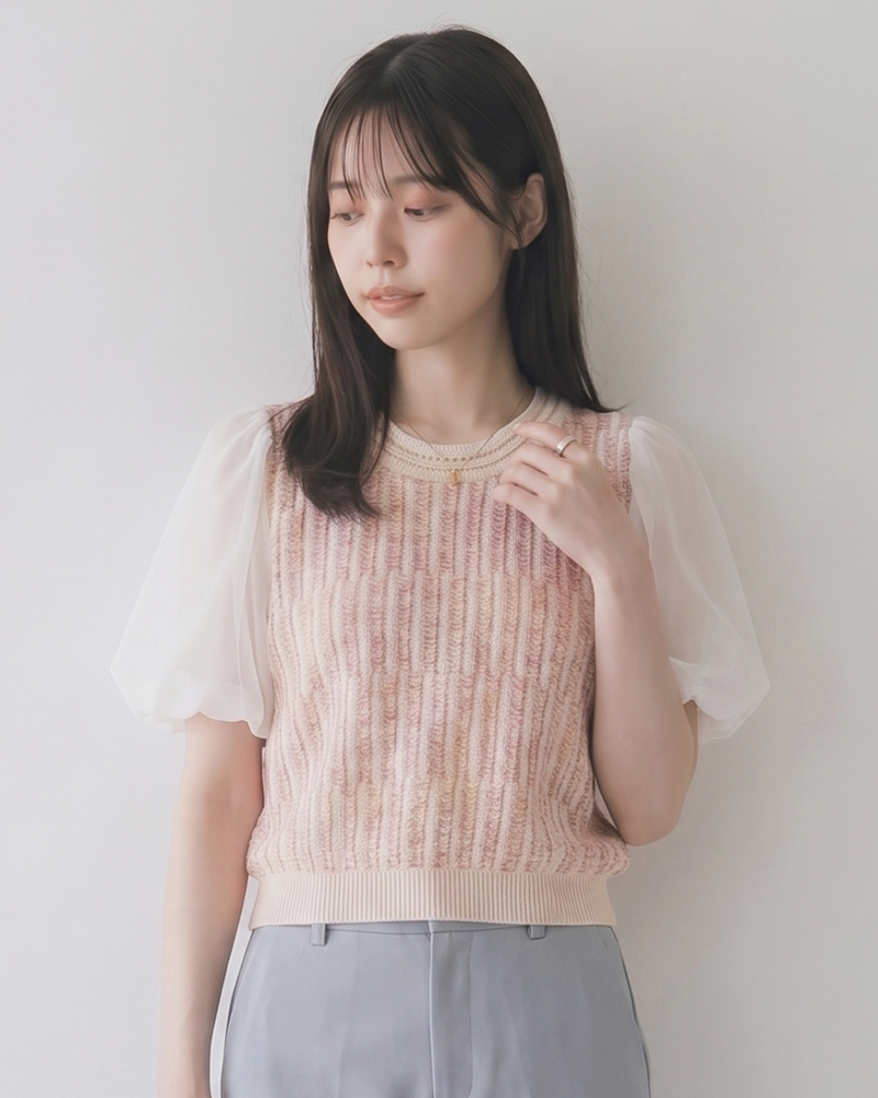 甜美日系 淺米粉泡泡袖短袖針織上衣