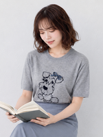 萌趣小狗刺繡！ 柔軟親膚灰色短袖 設計感圓領寬鬆上衣