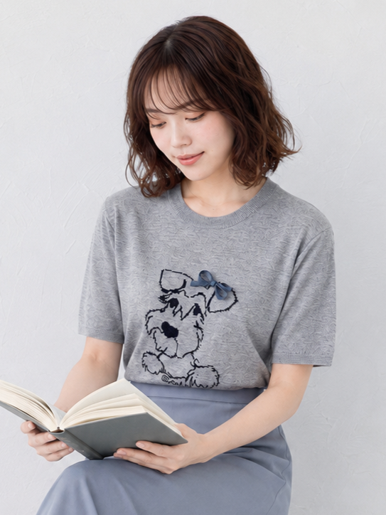 萌趣小狗刺繡！ 柔軟親膚灰色短袖 設計感圓領寬鬆上衣