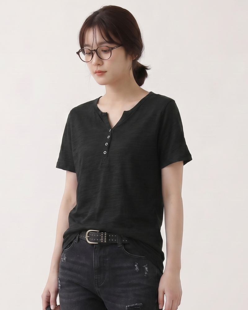「四色」S-4XL 舒適竹節棉深V門襟排釦 修身顯瘦 短袖T恤
