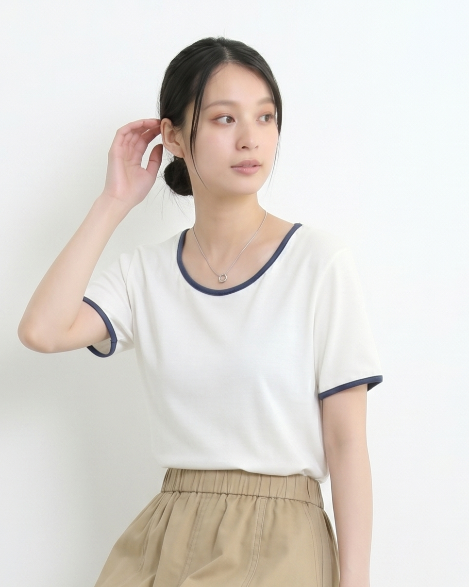 展現鎖骨美，撞色短袖t恤設計感小眾上衣