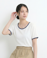 展現鎖骨美，撞色短袖t恤設計感小眾上衣