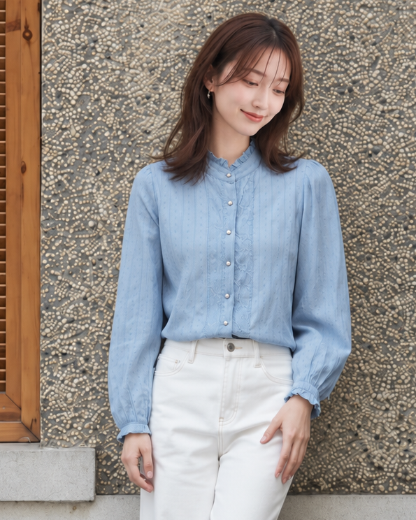 「兩色」「秋季新品 」S-2XL 品質全棉甄選 | 木耳邊立領壓褶襯衫