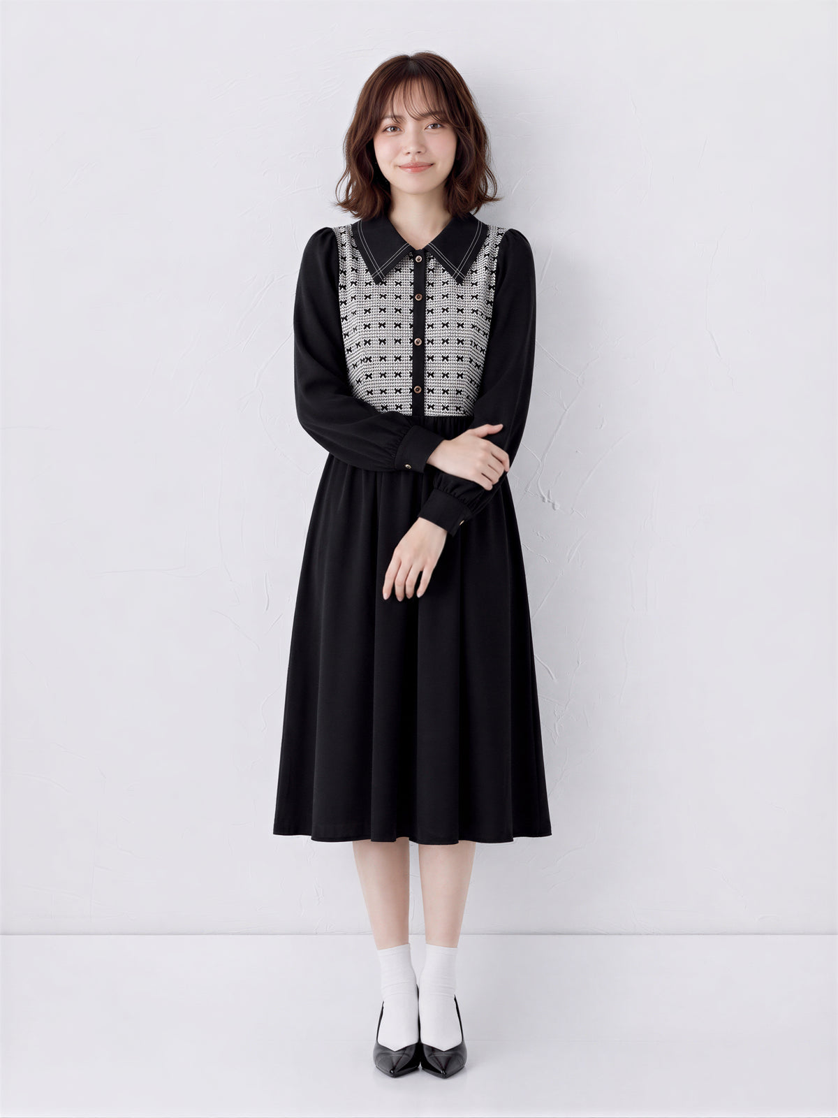 「秋季新品 」S-XL 拼接翻領收腰襯衫長袖洋裝