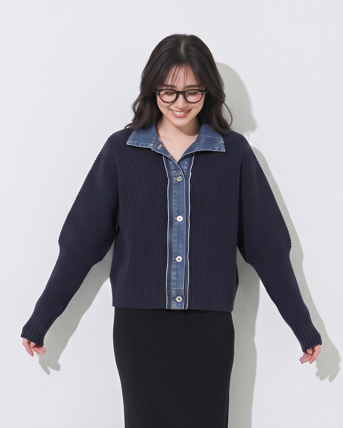「秋季新品 」 S-2XL 牛仔拼接立領假兩件針織外套