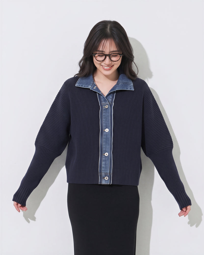 「秋季新品 」 S-2XL 牛仔拼接立領假兩件針織外套