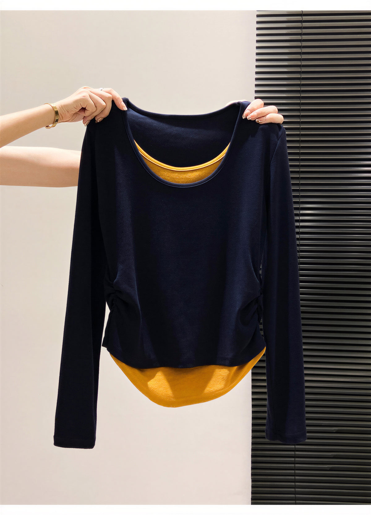 S-XL 深藍色疊穿感 | 圓領修身假兩件長袖T恤