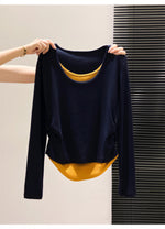 S-XL 深藍色疊穿感 | 圓領修身假兩件長袖T恤