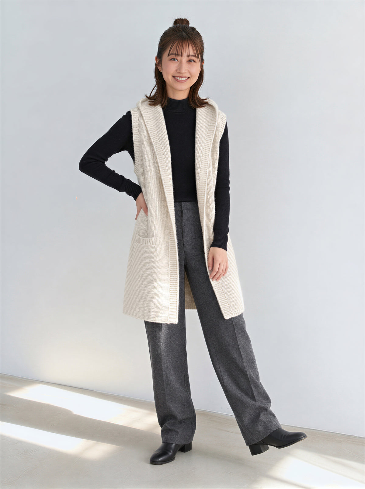 「秋季新品 」「3色」連帽開襟長版背心