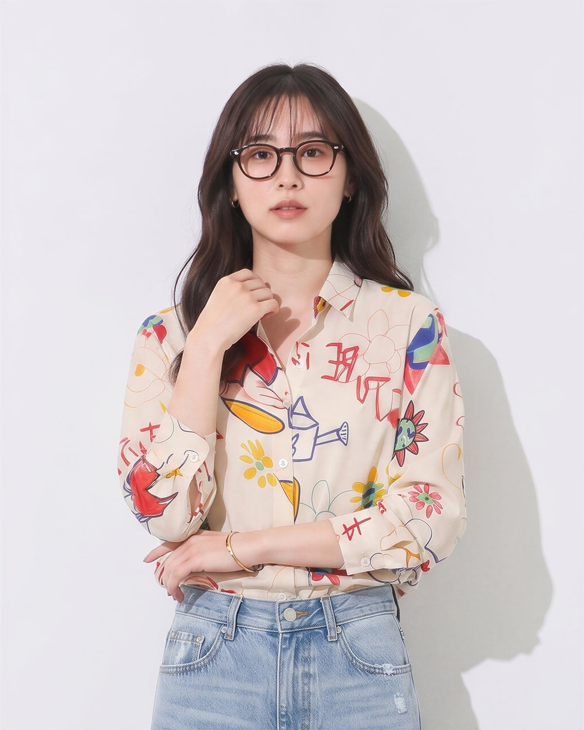 「秋季新品 」S-XL 米色塗鴉印花寬鬆襯衫