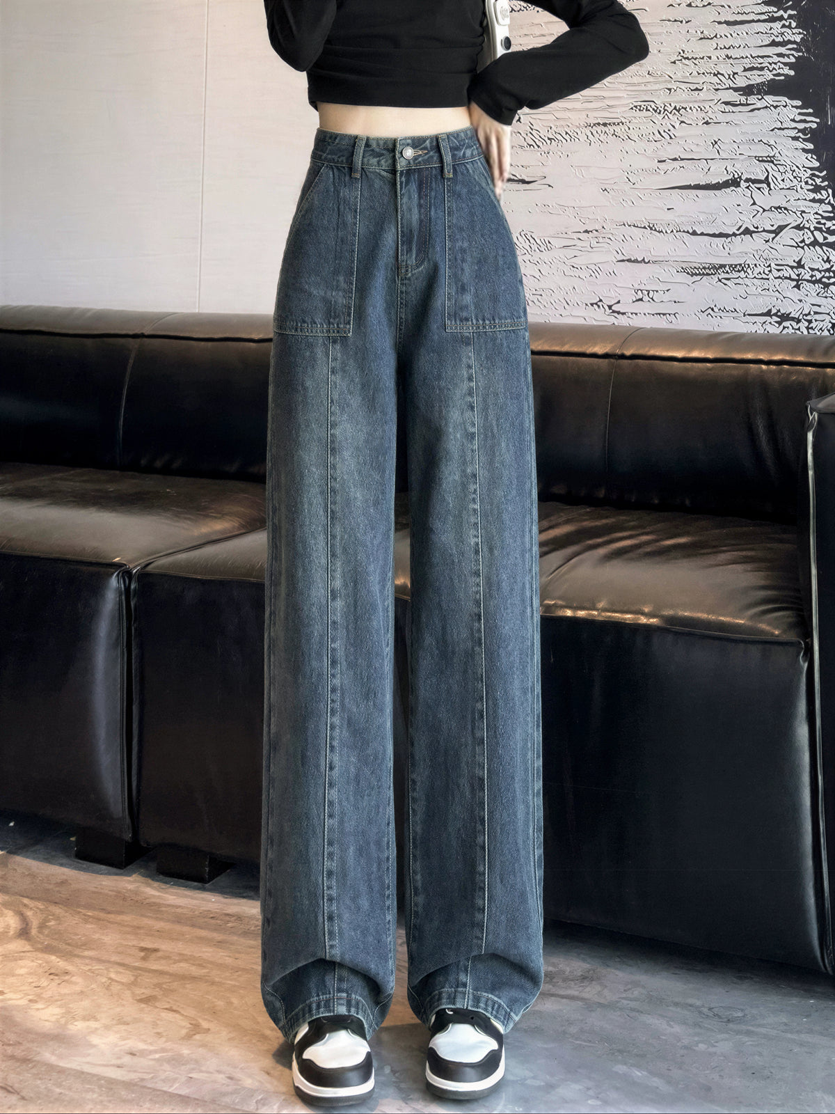 「秋季新品 」 XS-2XL 高腰直筒寬褲牛仔褲