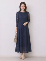 「秋季新品 」「兩色」S-2XL 品質圓領長袖A字蕾絲洋裝