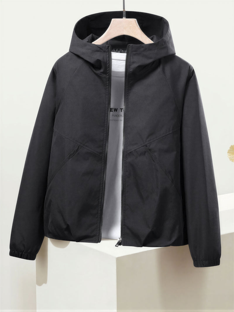 「秋季新品 」M-2XL 黑色短版拼接線條拉鍊連帽夾克