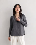 「秋季新品 」S-XL 灰色網紗拼接深V襯衫