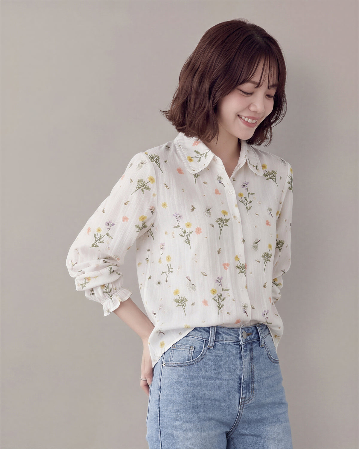 「秋季新品 」M-2XL 精選優質全棉 碎花木耳邊白色襯衫