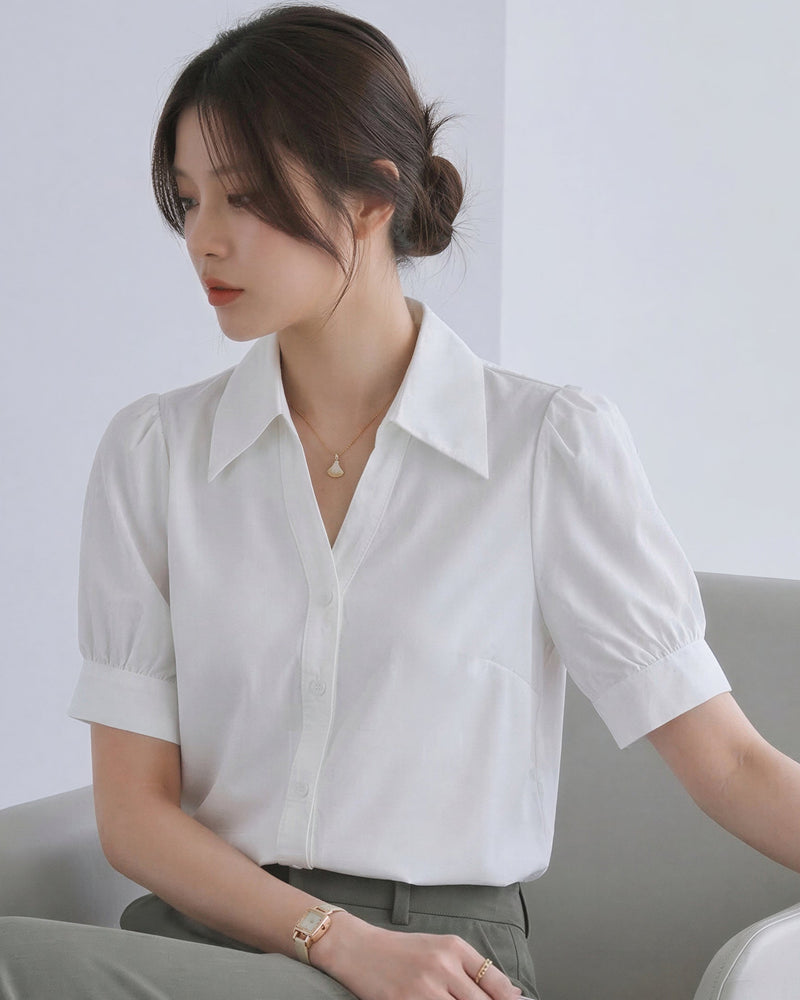 大翻領泡泡袖短袖襯衫