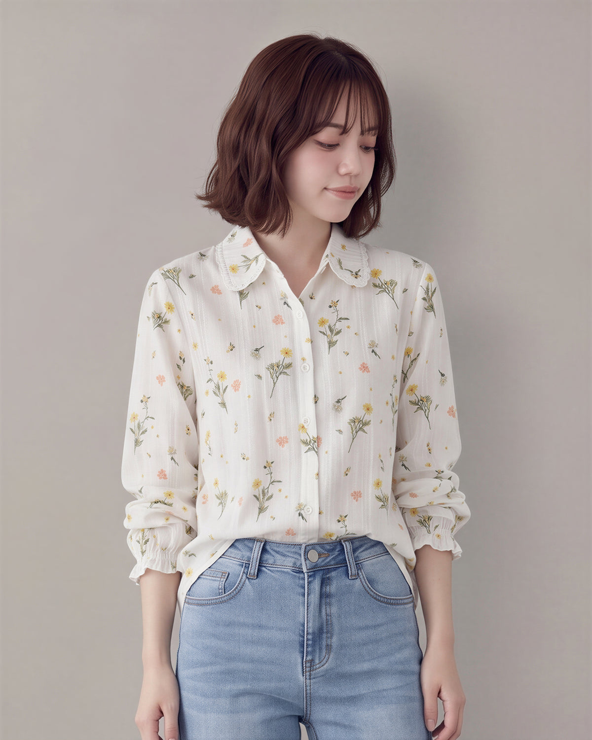 「秋季新品 」M-2XL 精選優質全棉 碎花木耳邊白色襯衫