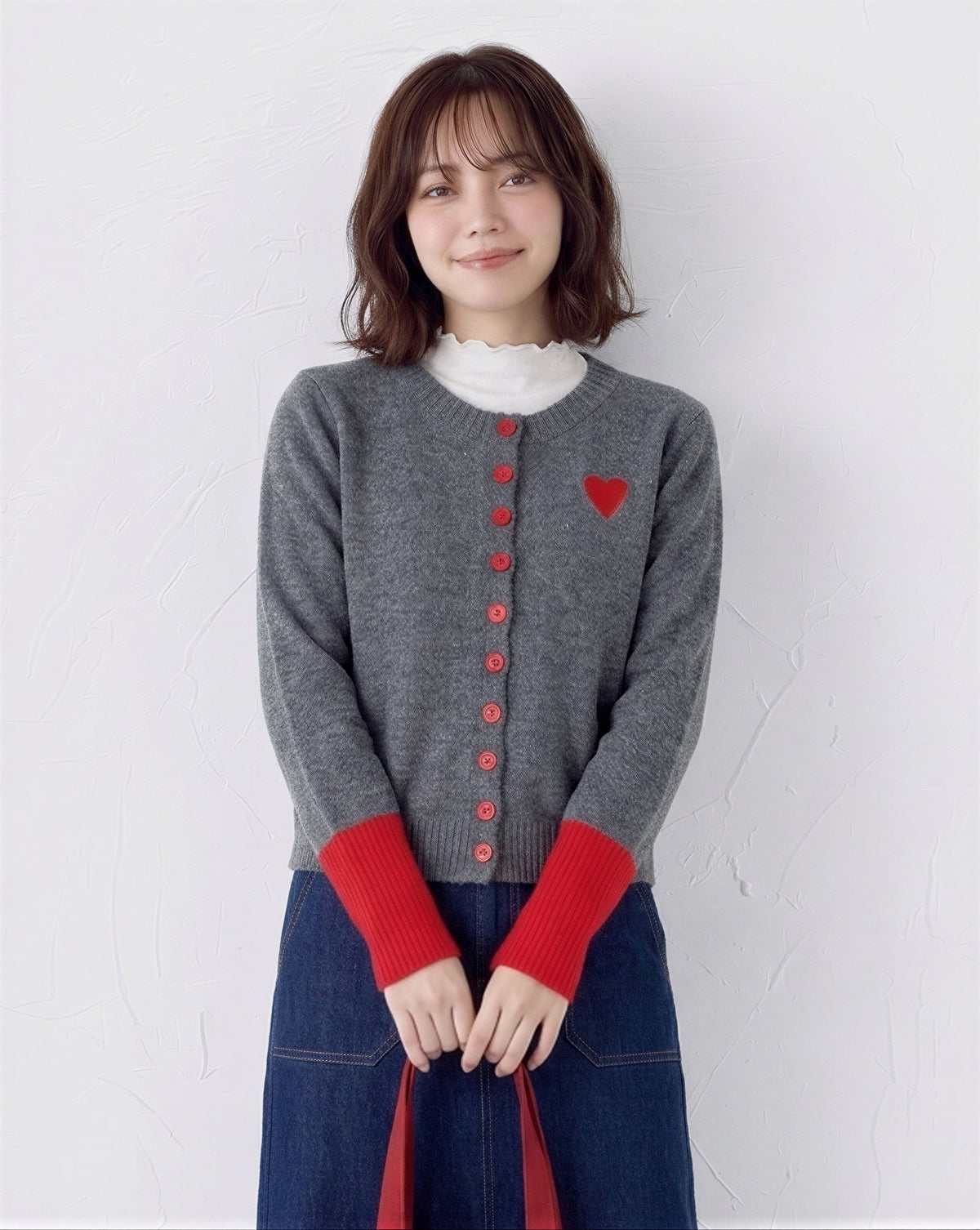 「秋季新品 」撞色羅紋愛心刺繡針織開襟衫