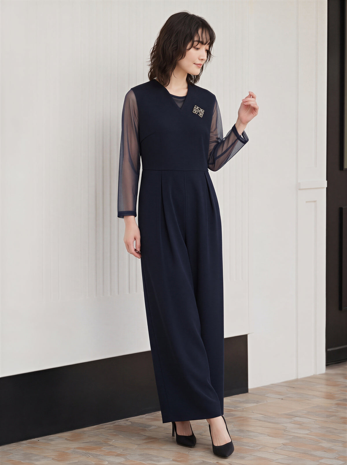 「秋季新品 」「兩色」S-2XL 品質兩件式 網紗拼袖上衣 + 寬褲連身褲 套裝