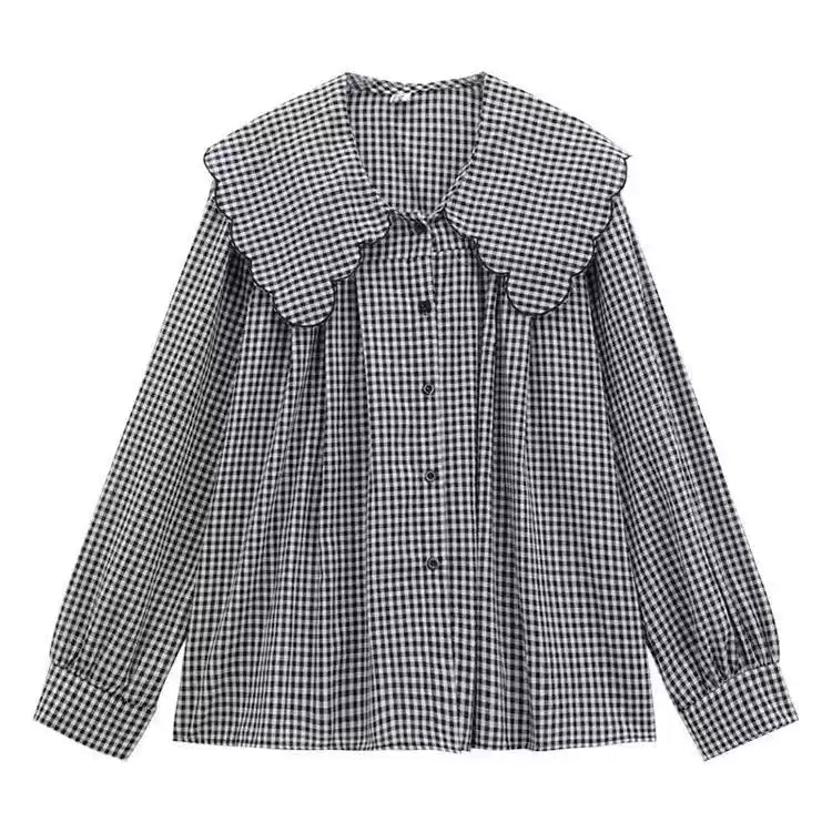 「秋季新品 」黑白格紋娃娃領襯衫