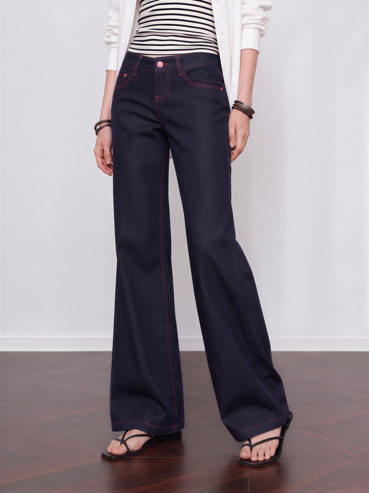 「秋季新品 」S-XL 高腰寬褲撞色車線牛仔褲