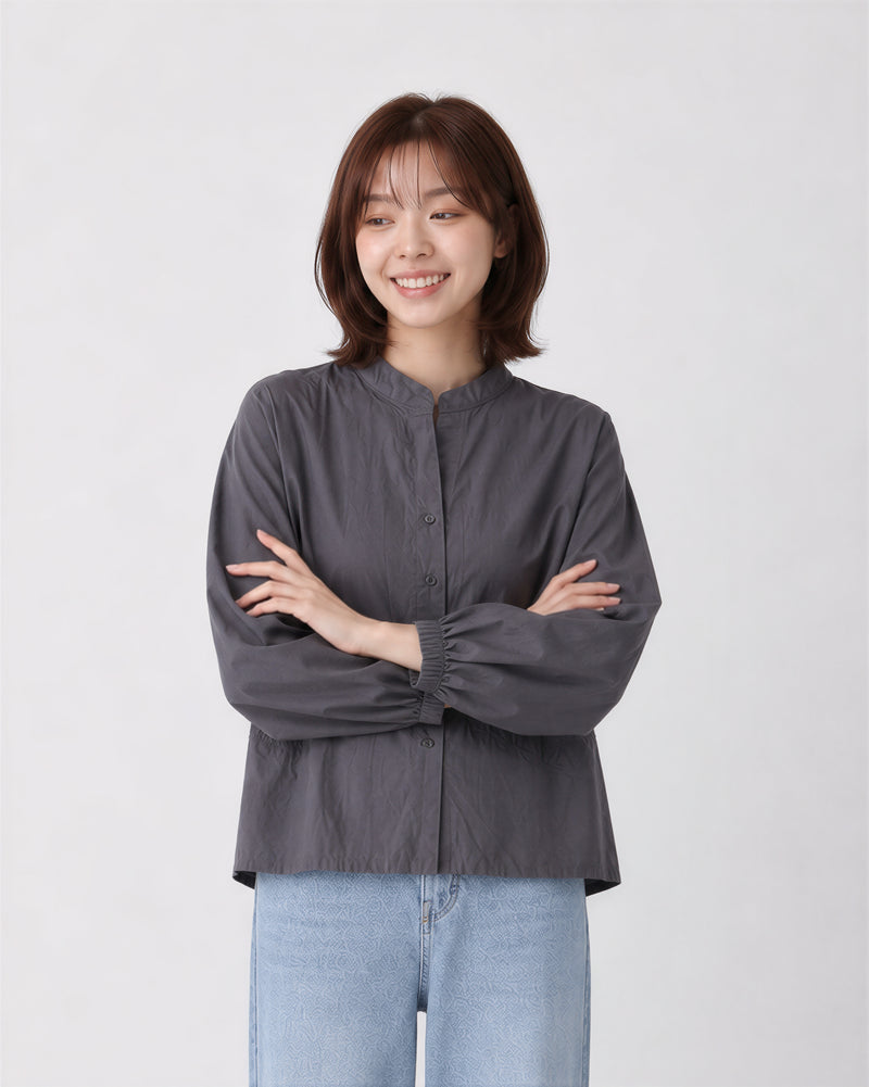 S-XL 灰色立領收腰燈籠袖襯衫