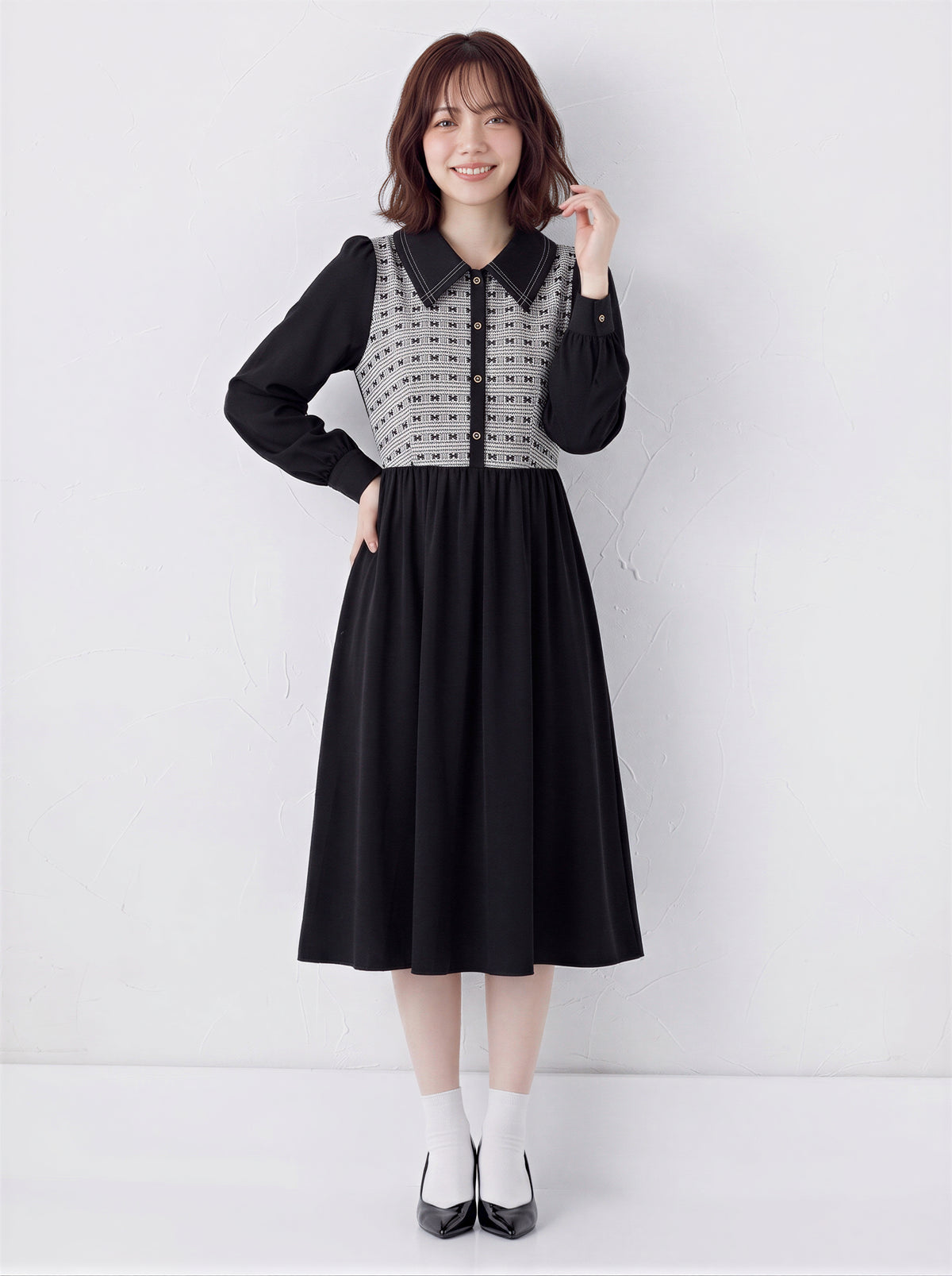 「秋季新品 」S-XL 拼接翻領收腰襯衫長袖洋裝