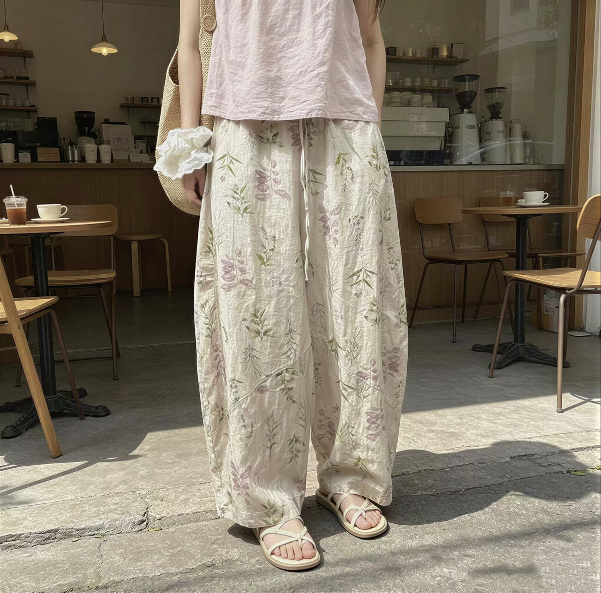 「兩色」M-2XL 植物印花寬鬆寬褲