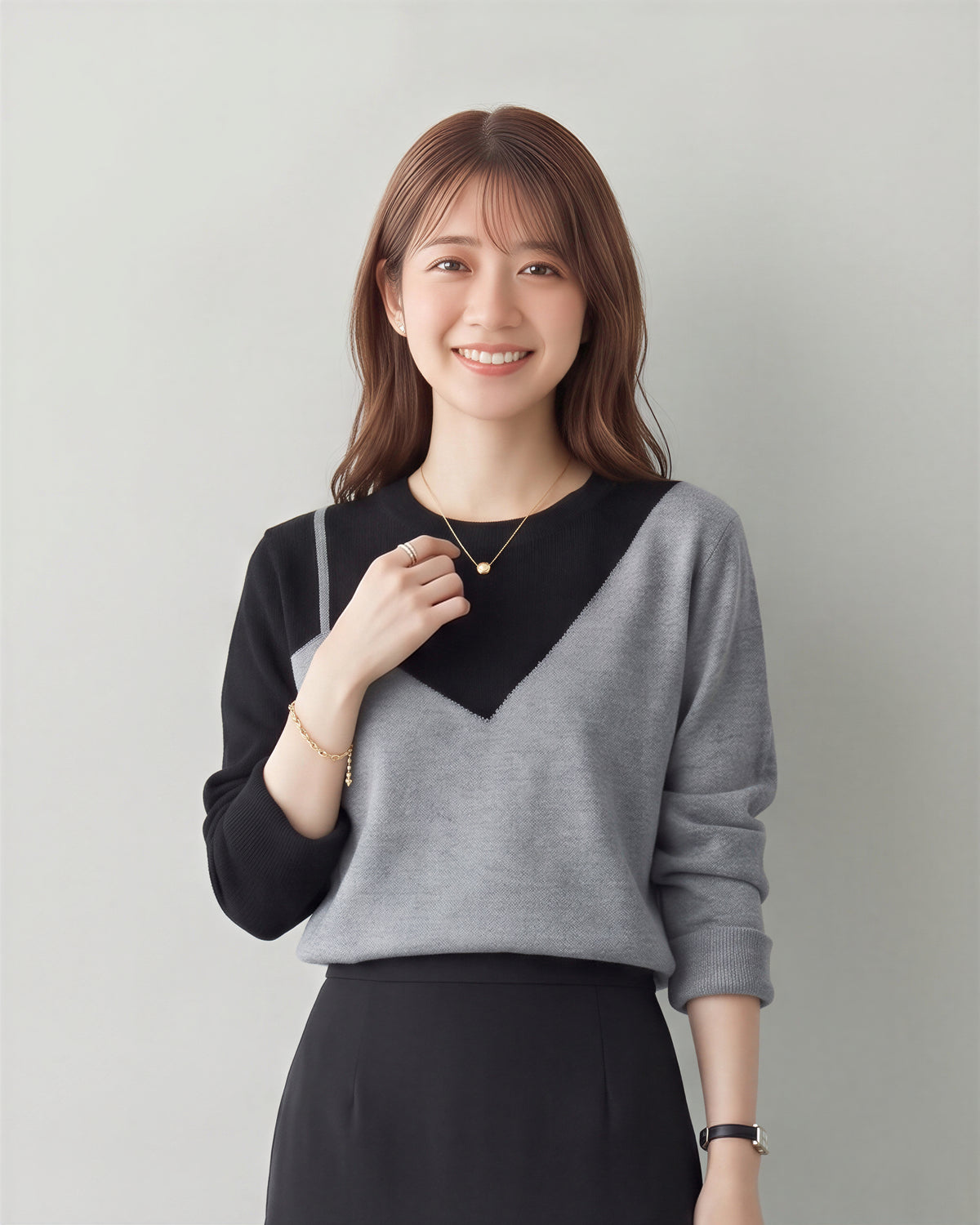 「秋季新品 」氣質撞色拼接斜肩假兩件針織衫
