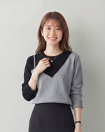 「秋季新品 」氣質撞色拼接斜肩假兩件針織衫