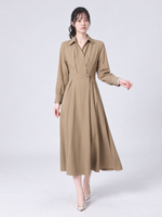 「秋季新品 」「兩色」S-XL 收腰褶襉翻領襯衫洋裝