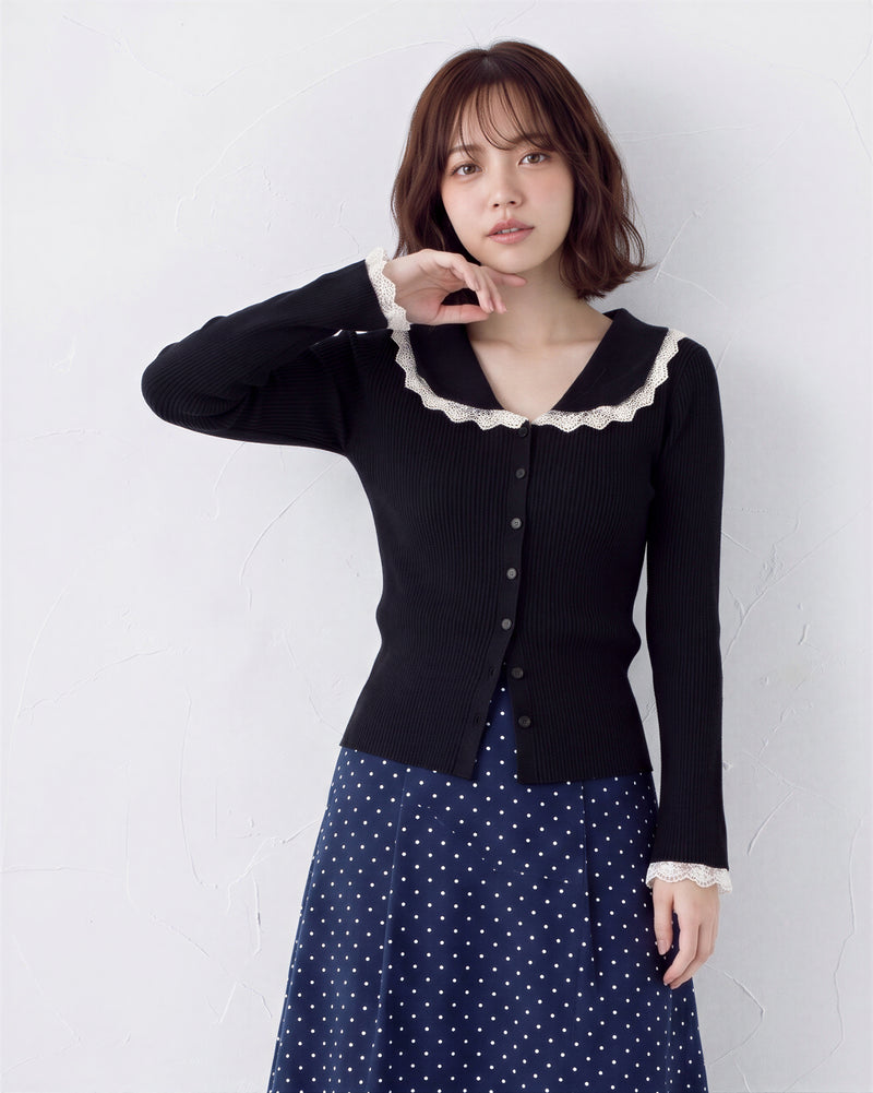 「秋季新品 」「3色」蕾絲拼接大翻領修身針織衫