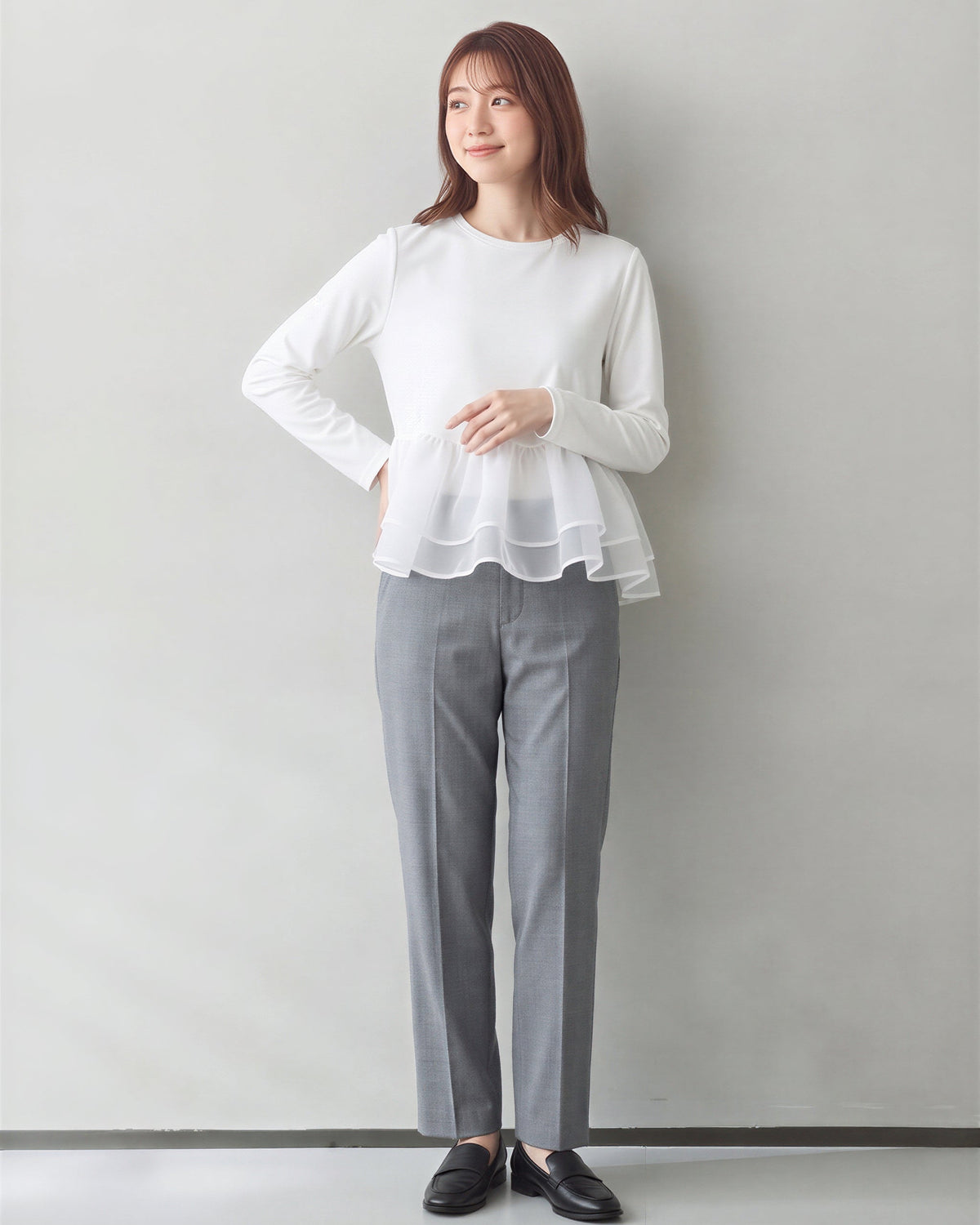 「秋季新品 」「3色」M-L 網紗拼接荷葉下擺假兩件長袖T恤