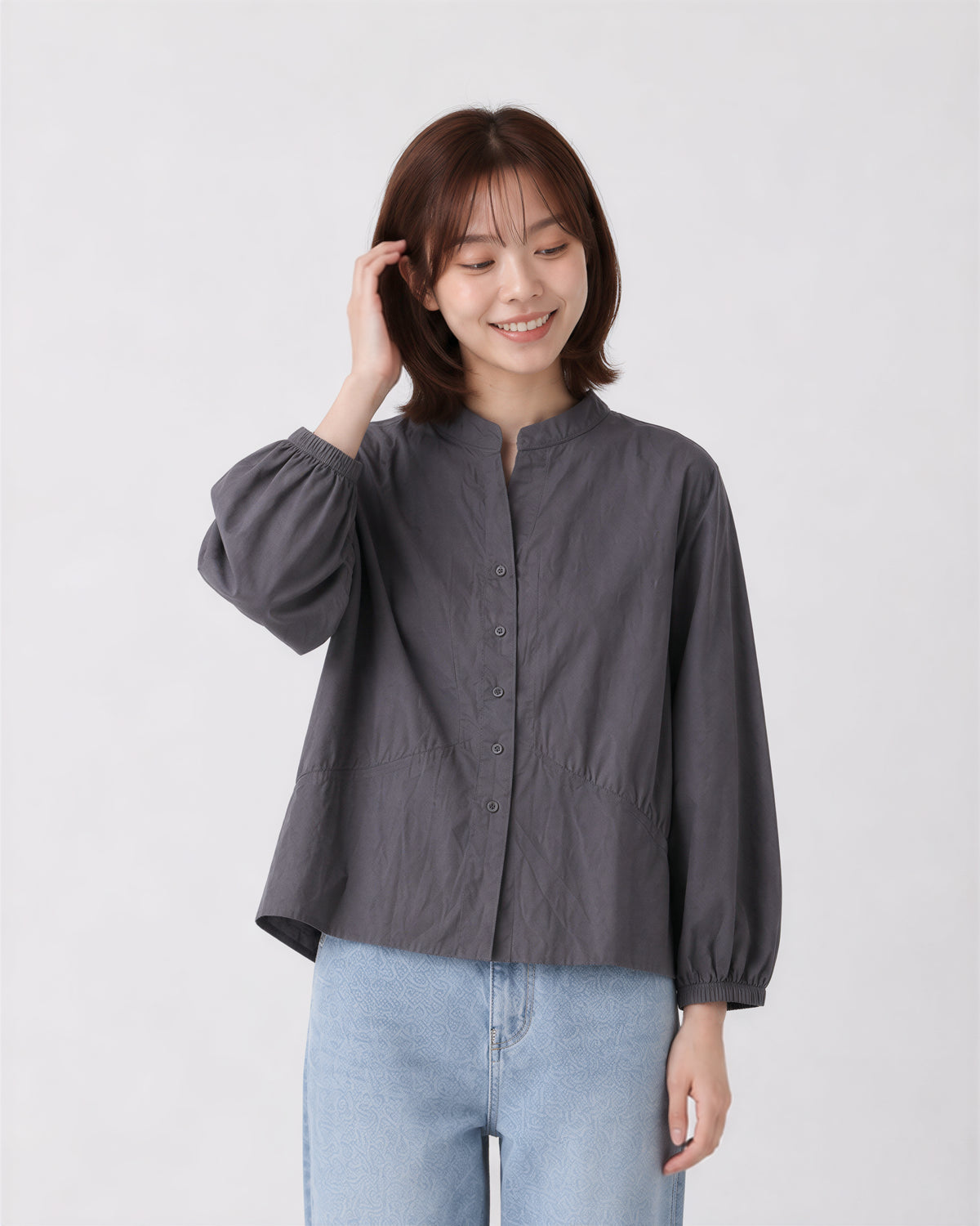 S-XL 灰色立領收腰燈籠袖襯衫