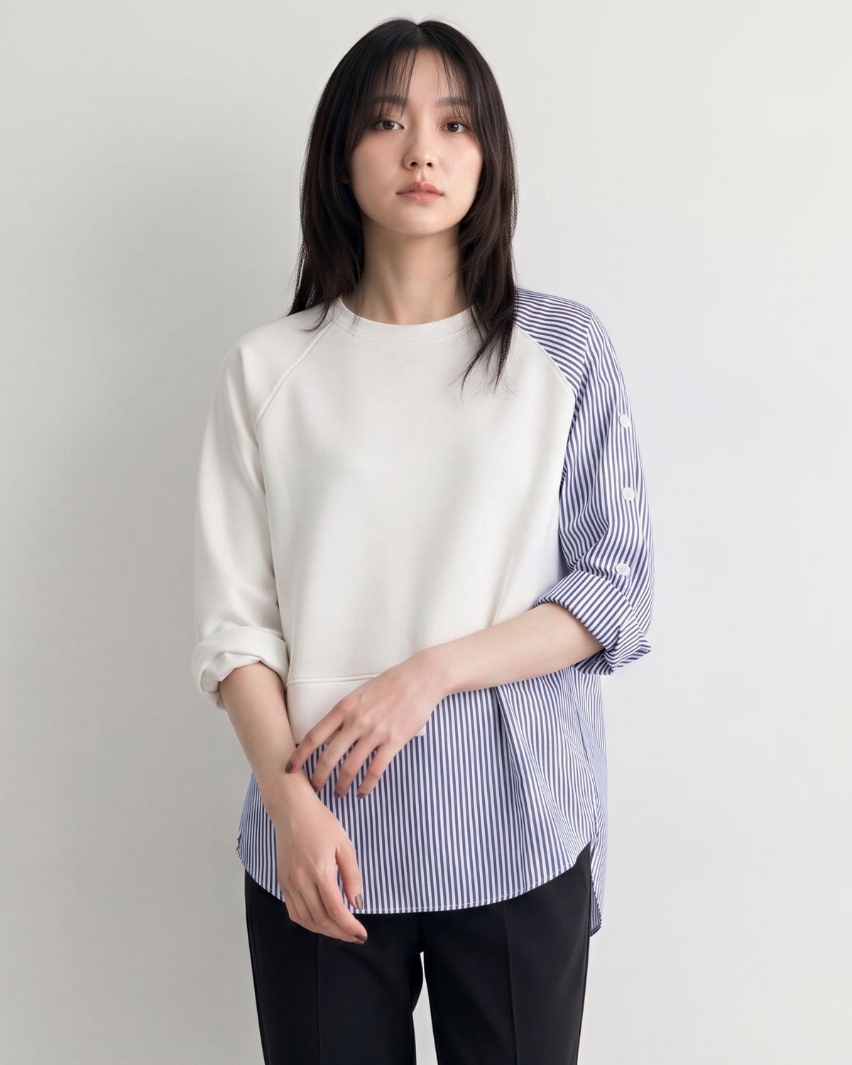 「兩色」「秋季新品 」 S-2XL 拼接條紋寬鬆衛衣