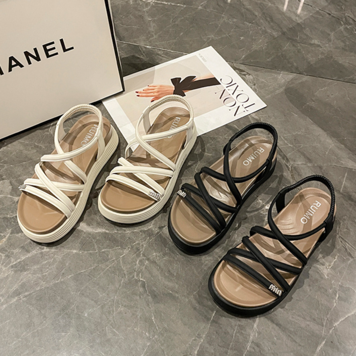 交叉細帶鬆緊後袢 厚底4cm | 女款露趾厚底涼鞋