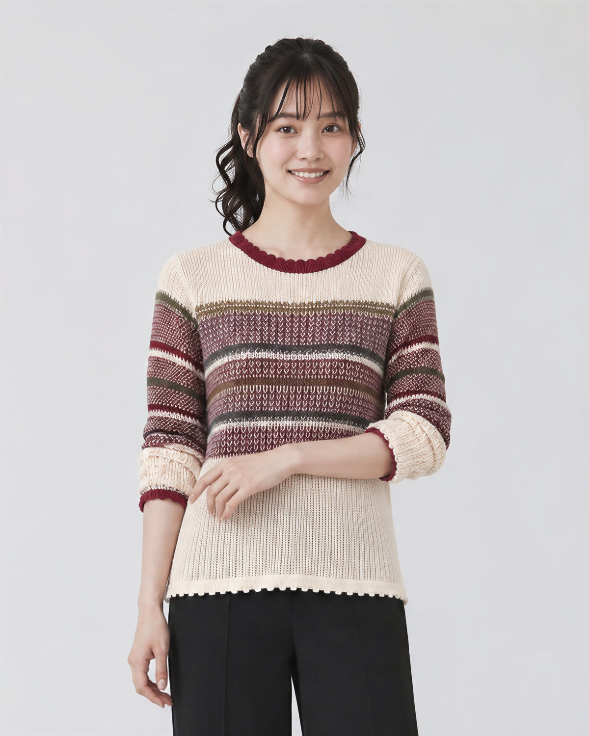 「秋季新品 」條紋拼接 波浪邊 修身針織衫