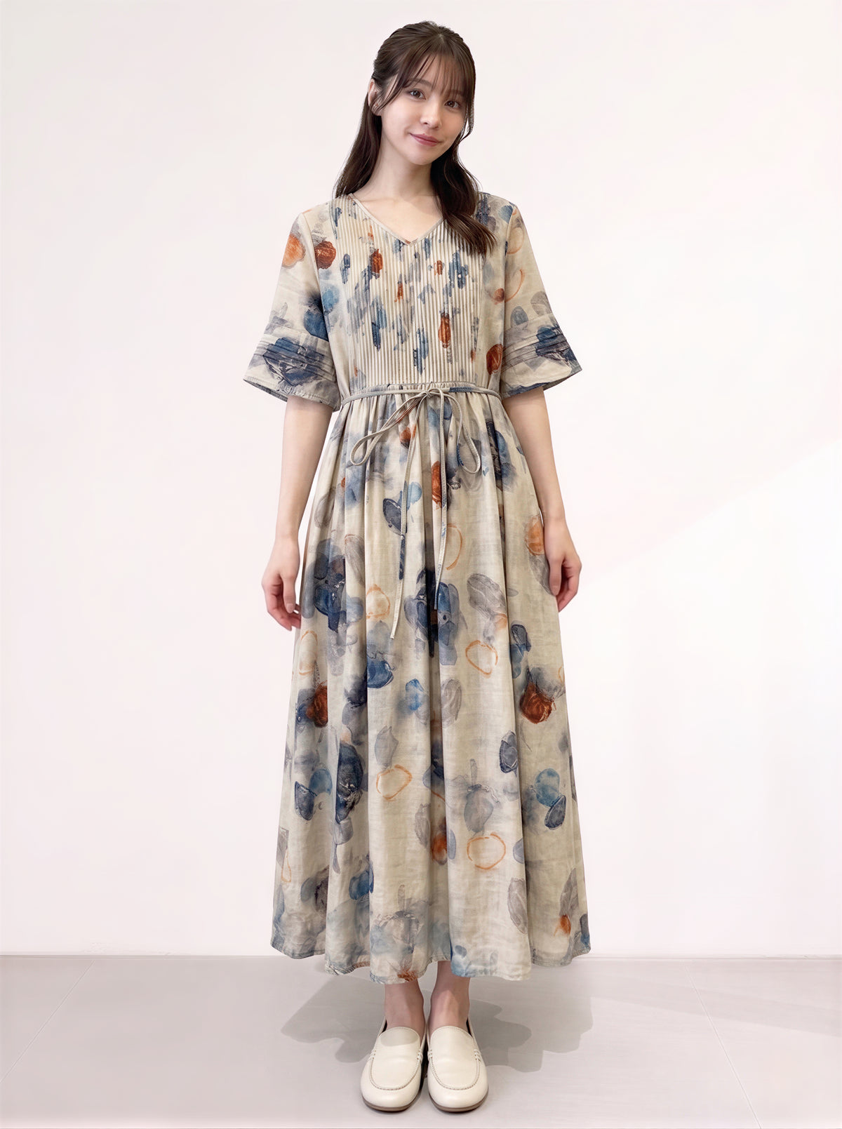 M-2XL 淺米色V領綁帶印花長洋裝
