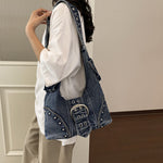 鉚釘拼接 復古扣飾 牛仔腋下單肩包