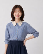 「秋季新品 」蕾絲翻領條紋襯衫