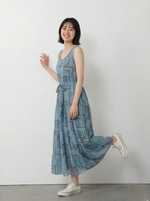 抽繩收腰印花細肩帶洋裝