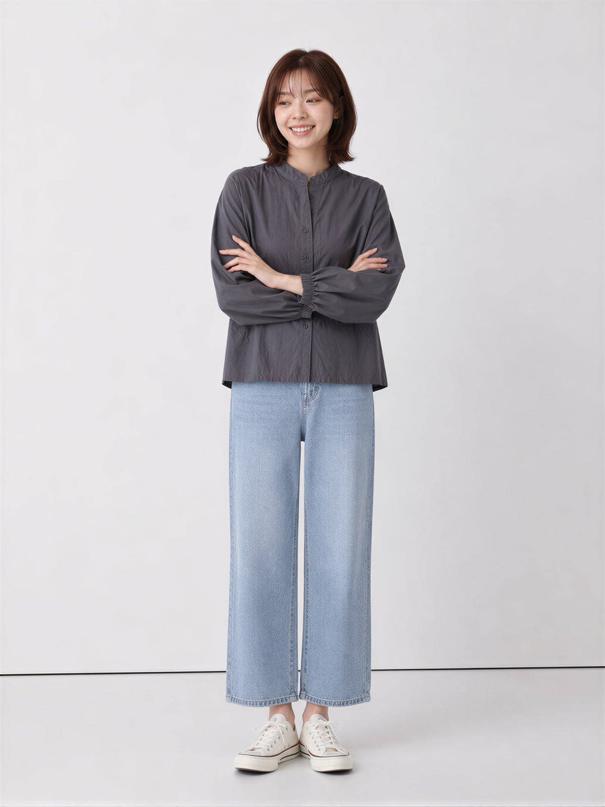 S-XL 灰色立領收腰燈籠袖襯衫