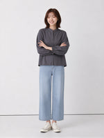S-XL 灰色立領收腰燈籠袖襯衫