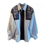 「秋季新品 」L~4XL 拼接條紋印花襯衫