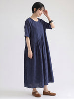 「兩色」寬鬆簡約提花 A字落肩洋裝-深藍色-2XL