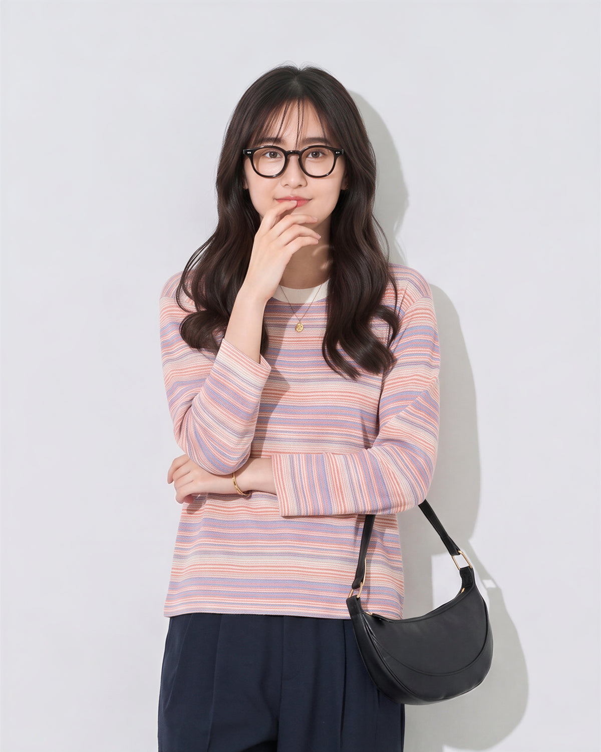「秋季新品 」S-XL 淺粉色細條紋圓領長袖T恤