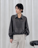 L-3XL 灰色抽繩收腰斜襟襯衫