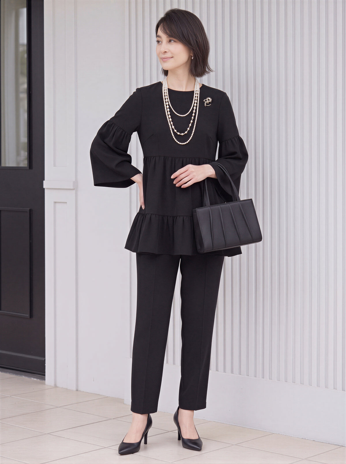 「秋季新品 」「兩色」S-2XL 品質兩件式 喇叭袖高腰剪接氣質 上衣+褲子
